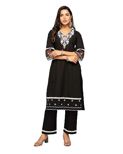 Image of FIORRA Women's Balck Cotton Floral Embroidery Straight Kurta with Palazzo