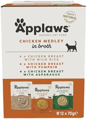 Applaws Nassfutter für Erwachsene Katzen im Beutel, Hühnchen-Multipack in Brühe 12 x 70g Natürlich