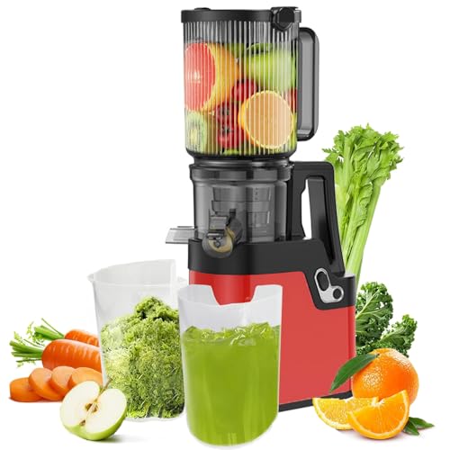 Cold Press Juicer, 250W Slow Masticating Juicer Machine with 10.5cm/4.2" Wide Feed Chute, for Whole Fruits and Vegetables, High Juice Yield, Quiet Motor, Easy to Clean (Red)