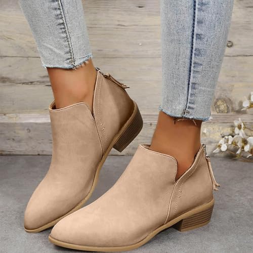 Ankle Boots For Women Casual Cut Out Slip On Low Heel Short Boots Chunky Stacked Womens V Cutout Pointed Toe Booties Zip Up Leather Deep Block High Heels Winter Fall Western Shoes2