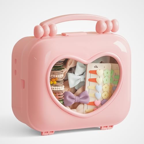 Image of KiZY Girl Kid Hair Accessories Storage Box | Hair Ties-Clips, Bow-Ribbon-Headband, Jewelry Organizer | Portable Case | Available in Multiple Design-Color. (Pack of - 1, Pink Suitcase)