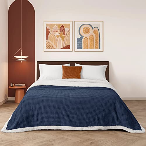 Phf Waffle Sherpa Blanket King Size, Luxury Warm Plush Flannel Blanket For Winter, No Shed No Pilling Cozy Soft Waffle Weave Fleece Blanket For Bed And Couch, Navy Blue, 104X90 Inches #TOP1