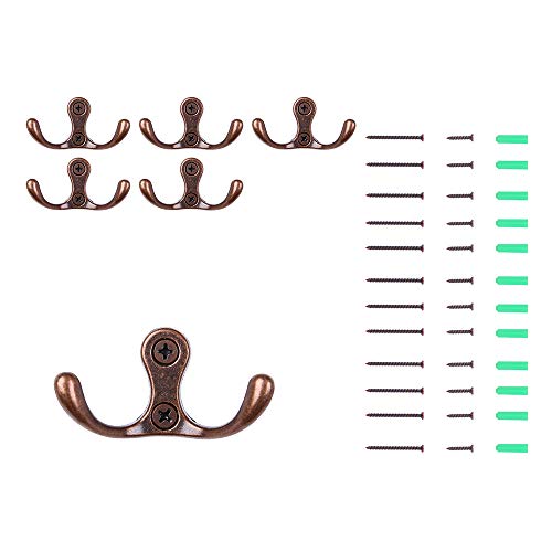 Double Utility Coat Hooks Hardware, Dual Zinc Alloy Hooks Wall Mounted Screws for Hanging Lightweight & Heavy Items Indoor&Outdoor Used, 6Sets (Reddish Brown Bronze)