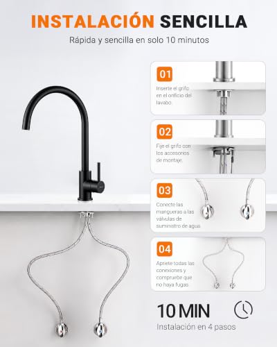 Miniatura 10 de Grifema, G4008b Grifo De Cocina, 360 Grados Giratorio Cocina Monomando Fregadero Agua Fría Y Caliente, Negro