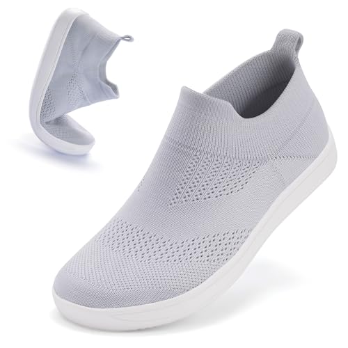 ZYEN Wide Toe Box Shoes Women Wide Width Sneakers Zero Drop Minimalist Barefoot Shoes Comfort Non-Slip Wide Running Walking Shoes White-Grey 37