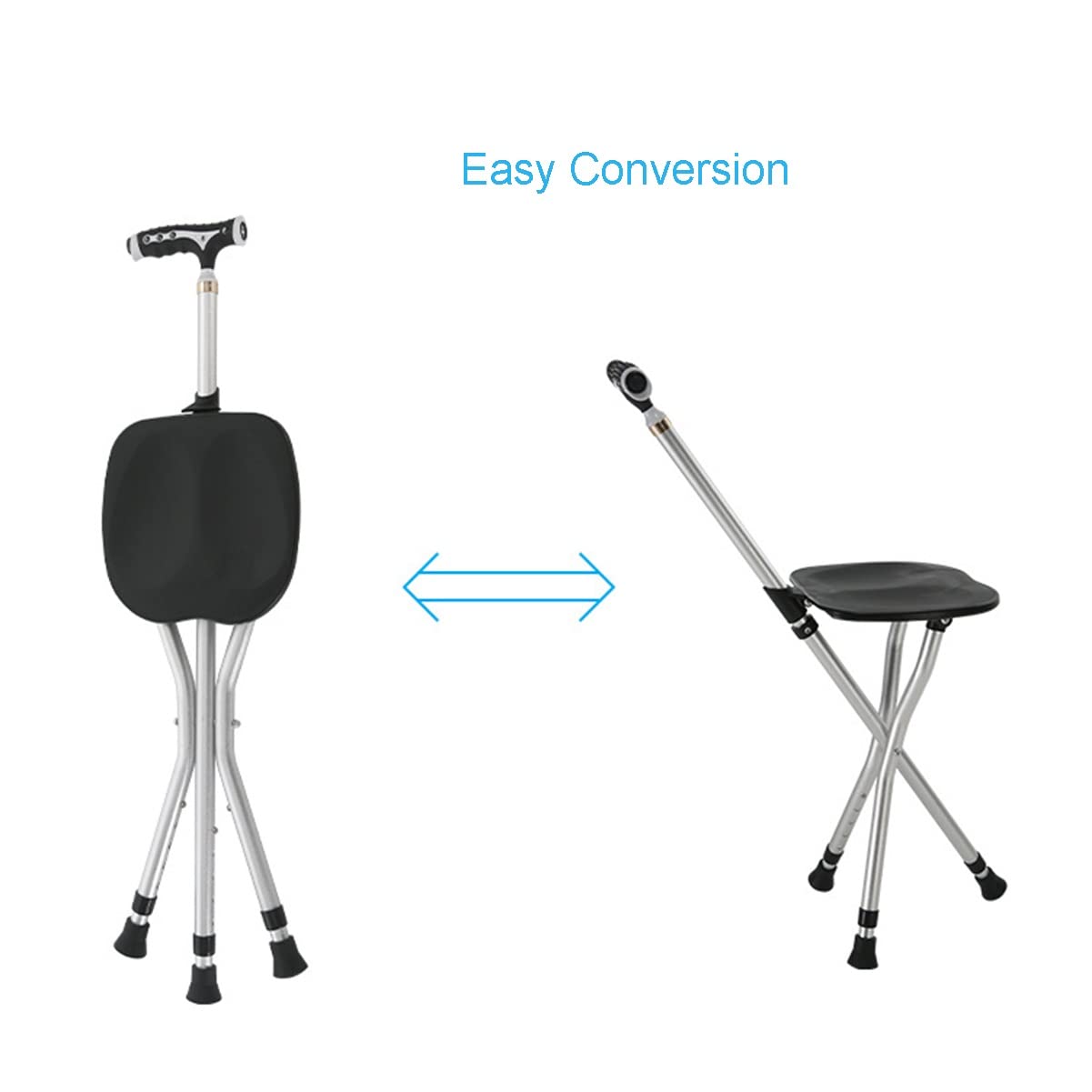 GX Asiento de bastón plegable, silla de muleta ajustable en altura con luz LED, asiento de bastón de aleación de aluminio antideslizante, para personas mayores, discapacitados al aire libre, de espera