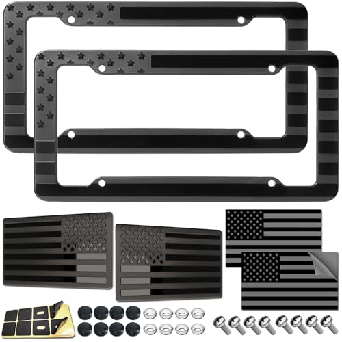 GNSZSN American Flag License Plate Frames - 2 Pack Black Patriotic USA Car Tag Frame Raised 3D Stars & Stripes Plastic Holder with 3D Metal Decals