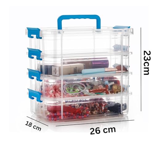 Image of Golden bird plastic boxes for Storage transparent, Space Saving Organiser with Lid Portable & Stackable for Jewelry, Beads, Crochet, Sewing, Scrapbooking DIY Craft (4 tier, Blue)