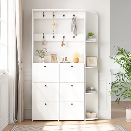 SUKY Perchero de entrada 3 en 1 multifuncional zapatero con puerta plegable con 8 ganchos, armario compacto para sala de estar con 5 estantes, color blanco, 120 x 24 x 200 cm