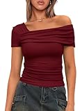 Darong Women's Off The Shoulder Tops Short Sleeve Ruched Slim Fit Tee Shirt Blouse 9047 Wine Red L