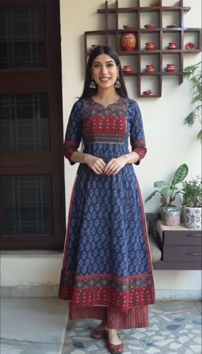 Image of ANNI Designer Women's Viscose Blend Straight Printed Kurta with Palazzo | Ethnic Indian Kurta Set | 3 /4 Sleeve Round Neck Traditional Dress | Festive Office Casual Outfit for Women