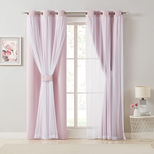 Image of Bujasso Pink Blackout Curtains with Sheer Overlay Mix and Match Double Layer 80% Room Darkening Window Treatment Set for Girls Bedroom Living Room Pink Drapes with Tiebacks Grommet Top 37 inch Wx95 Lx2