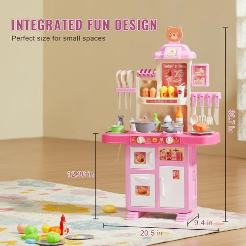 Image of VEVOR Kids Kitchen Playset 48PCS, Pretend Play Kitchen with Cooking Stove with Steam, Sounds and Lights, Play Sink and Play Food, Toy Kitchen Set for Toddlers (Pink) Size 18.5 inch x 9.4 inch x 30.7 inch
