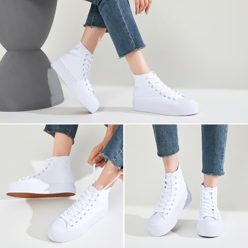 Image of FRACORA Womens High Top Canvas Shoes White Black Platform Sneakers Lace Up Shoes for Women