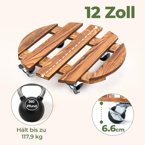 Bamworld Pflanzenroller Holz Rund 2er Set – stabiler Pflanzenroller Outdoor wetterfest mit Bremse, Blumentopf Untersetzer mit Rollen Ø 30.5 cm, Pflanzenuntersetzer mit Rollen für Innen & Außen