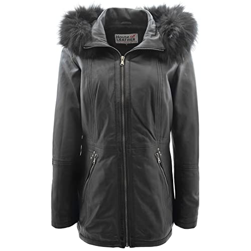 Manteau en cuir véritable femme noir à capuche veste mi-longue fleurie