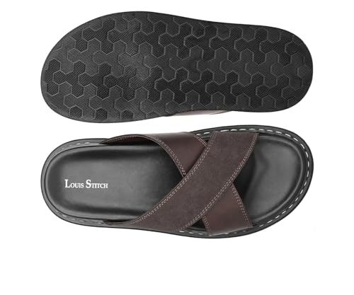 Image of LOUIS STITCH Brown Comfortable Men's Sandals | Lightweight Casual Cross Strap Slip-On Sandals| Everyday Wear Sandals with PU Cushion Sole | LSOF-22-BB