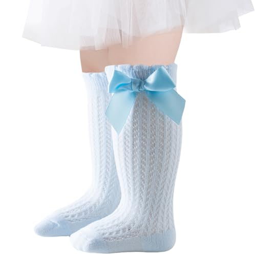 GUXIMIAR Baby Knee High Socks Newborn Ruffle Bow Sock Infant Toddler Long Socks Girls Uniform Stockings Blue, 12-24 Months