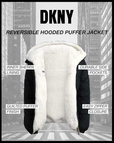 Image of DKNY Girls' Reversible Puffer Jacket - Quilted Bubble to Sherpa Hooded Winter Coat - Warm Outerwear Jackets for Girls (7-16)