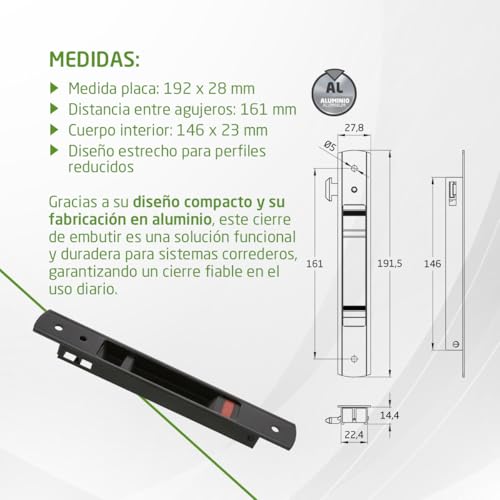 Miniatura 4 de Amig - Cierre De Embutir Para Ventanas Y Puertas Correderas De Aluminio - Cerradura De Gancho Para Empotrar - Medidas: 192 X 28 Mm - Color Negro - Canto Cuadrado - Instalación Con Tornillos