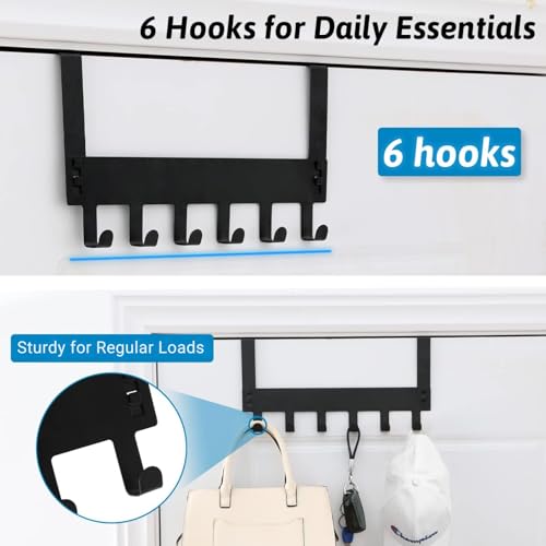 Image of Solitude Pack of 2 Heavy Duty Metal Over Door Hanger with 6 Hooks, Drill-Free Hanging Rack Organizer for Bathroom, Bedroom, Kitchen (Black)