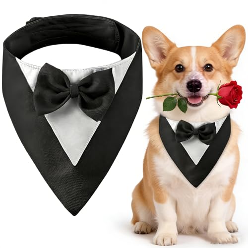 Smoking per Cani con Papillon, Collare a Bandana da Matrimonio per Cani di Taglia Media, Costume da Cane per Matrimoni, fidanzamenti e Compleanni (Collo: 35-45 cm, Nero)