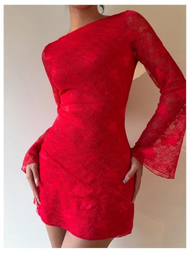 Image of SOLY HUX Women's Lace Mini Dress Tie Backless Bell Long Sleeve Crew Neck Bodycon Dresses