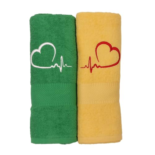 Tibex Handtuch „Stickerei Herz mit Herzschlag“ 70x140, Handtücher Set aus Baumwolle, Badetuch, Dustuch, Gästehandtücher, Valentinstag, Jahrestag
