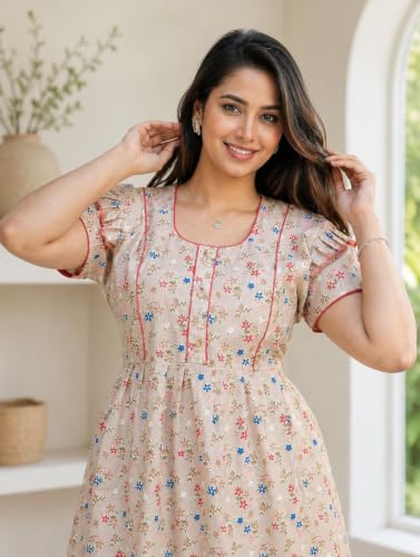 Image of Women's Pure Cotton Floral Maxi Nighty, Frock Style Short Sleeve Full Length Night Gown with Adjustable Belt, Comfortable Sleepwear, Pack of 2