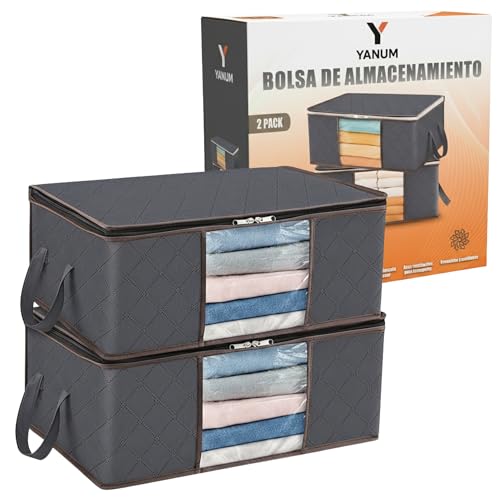 YANUM® Bolsas de Almacenamiento Ropa 35L | Pack 2 unidades | Organizadores con Ventana Transparente | Tela Transpirable y Asas Reforzadas | Para Mantas, Edredones, Armario y Bajo Cama