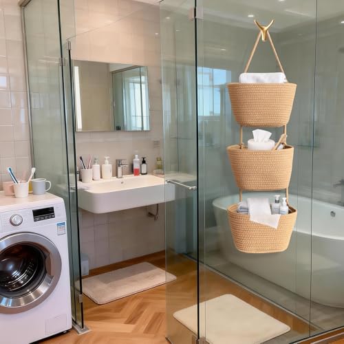 3-Etagen Baumwoll-Seil Wandkorb - Gewebte Aufbewahrungsorganizer mit Jute-Design für Schlafzimmer, Badezimmer, Küche & Wohnzimmer (A)