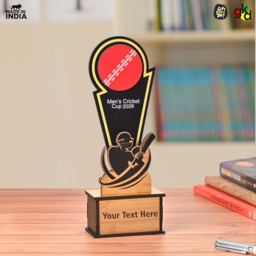 Image of GKD Wooden Cricket Trophy for Winners - Men's Cricket Cup Memento for Tournaments, Corporate Events & School Competitions | Self-Customizable with Stickers (Men 12 Inch)
