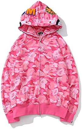 Camouflage shark jacket men's fall and winter cardigan zipper embroidery hooded sweater large size couple models (US, Alpha, Large, Regular, Regular, Dark Pink)