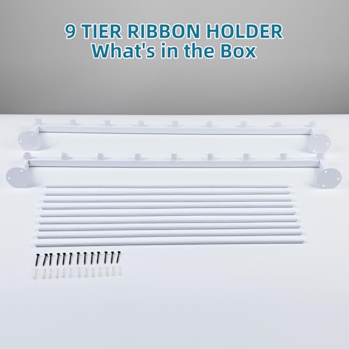 Image of 9 Tier Ribbon Storage Organizer, Wall Mounted Ribbon Holder, Wrapping Paper Rack for Craft Room, Cake Shop, Flower Store, Scarf Belt Organizer-White