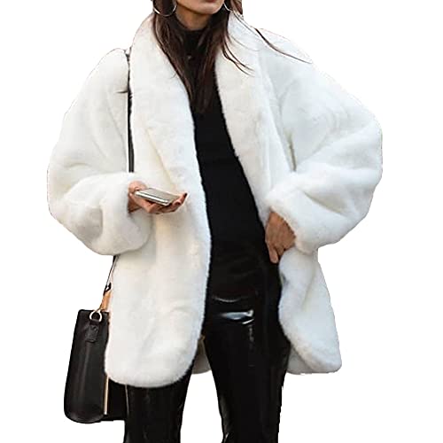 YAOTT Winterjacke Damen Kunstpelz Mantel Lang Cardigan Einfarbig Einfarbig Warm Flauschig Plüschmantel Klassisch Lange Ärmel Regular Fit Komfortabel Mantel,Weiß,M