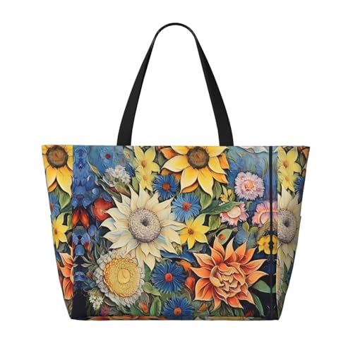 Large Capacity Beach Bag Women Print Tote Bag Waterproof Beach Bag Reusable Travel BagOil on Canvas Sunflower2
