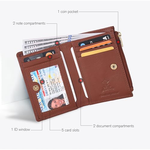 Image of Oak Leathers Leather Wallet For Women - Small RFID Coin Purse Credit Card & ID Holder for Ladies, Gift for Women's, Bifold Wallets (Nappa Cognac)