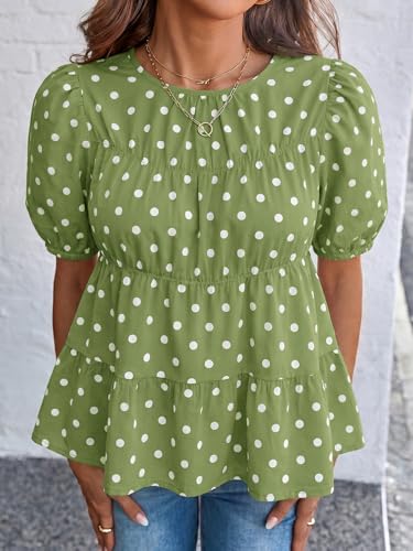 Image of Tankaneo Womens Puff Sleeve Peplum Babydoll Tops Summer Flowy Pleated Cotton T-Shirts Casual Loose Fit Cute Blouse