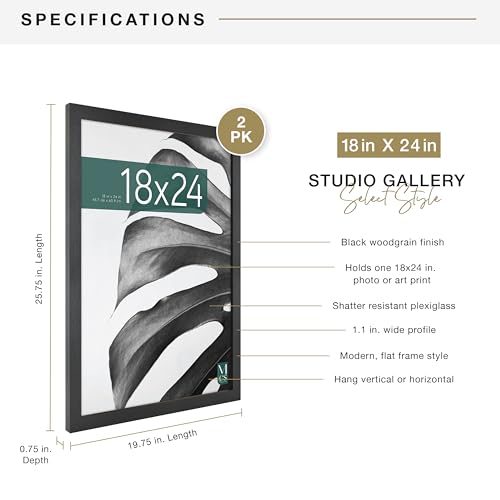 MCS Studio Gallery 18x24 Poster Frame Black Woodgrain, Vertical & Horizontal Wall Hanging Large Picture Frame for Photos, Posters & Art Prints (2-Pack)