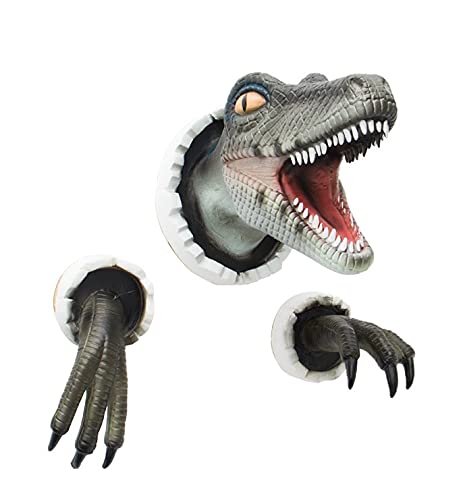 Wall Bursting Velociraptor Prop Replica, Dinosaurier Wand montierte Kopf Kralle PU Statue, lebensechte Wandkunst Decor Realistische Dinosaurier Büste hängende Requisiten für Home Decoration (Blau) Cover