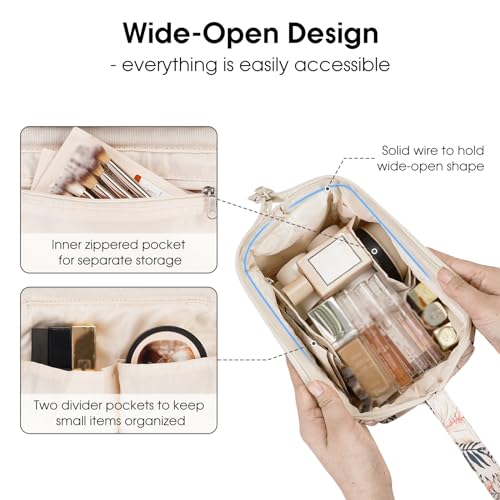 Narwey Large Makeup Bag Wide-open Zipper Pouch Travel Wash Bag Toiletry Bag Cosmetic Organizer for Women (Beige Flamingo) - Image 2
