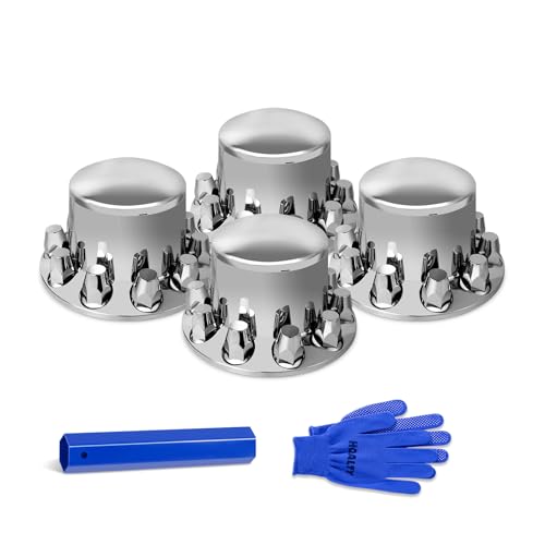 Chrome Dome 4 Rear Axle Cover Kit with 32mm/33mm Thread-on Lug Nut Covers with Removable Hub Caps for Semi Truck (Installation Tool Included)