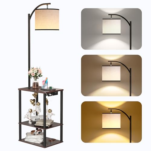 Image of SUNMORY Floor Lamp with Table, End Table for Living Room with Lamp, Shelves Side Table with Charging Station(USB & AC Port), 3 Color Temperature LED Bulb, Modern Nightstand Lamp for Bedroom, Office