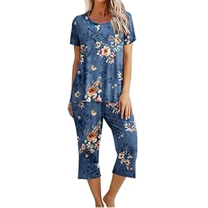 Pyjamas Femmes Ensemble Pyjama Femme Sexy Chic Pyjama 2 Pièces Top À Manches Courtes Et 3/4 Pantacourt 3/4 Printemps Été Décontractée Sleepwear Léger Et Respirant pour Femme Pyjama