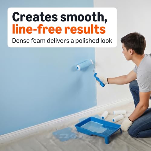 Image of Amazon Basics Foam Paint Roller Kit, 4 inch Roller, 8 Pack, Complete Kit with Foam Covers, Frame, Tray and Liner for Professional Painting Results, Blue