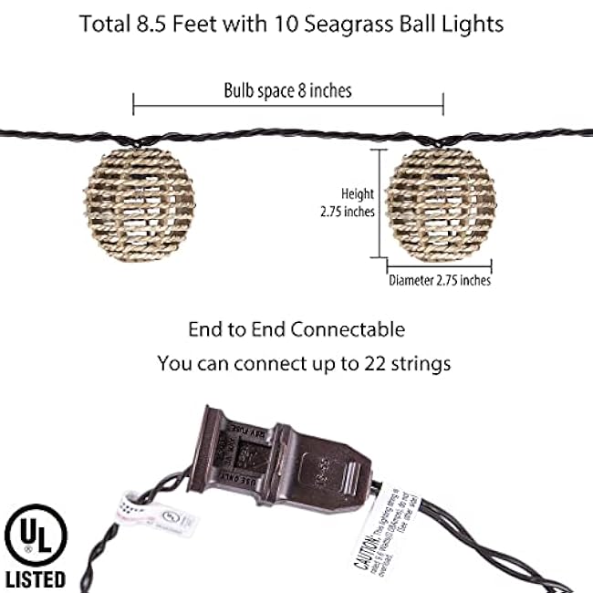 Decorative Outdoor Patio String Lights, Seagrass Rattan Wire Ball Style Lantern String Lights, Connectable Weatherproof Indoor Outdoor Globe Boho String Light for Home Pergola Garden Party Backyard