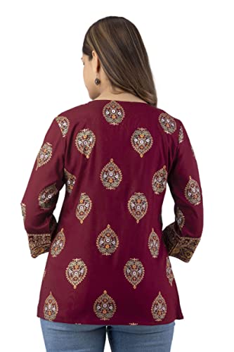 Image of DMP FASHION Women's Rayon Classic Printed Boota Top with Beautiful Tassels and Buttons at Front Black