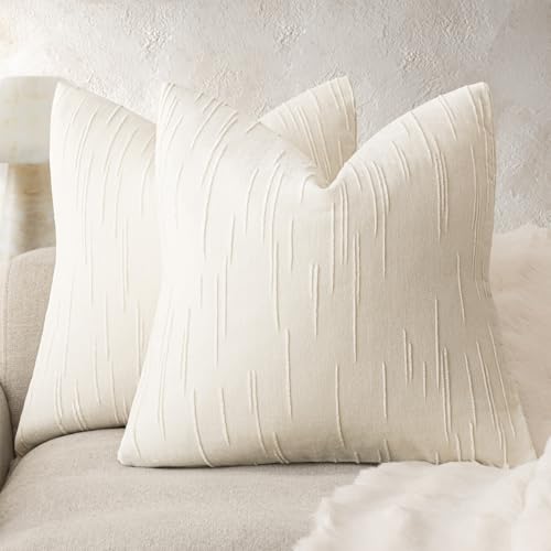 Foindtower Pack of 2 Slubby Textured Chenille Throw Decorative Pillow Covers Square Accent Solid Cushion Cover Cozy Soft Farmhouse Pillow Case for Couch Sofa Bedroom Living Room 24x24 Inch,Cream White