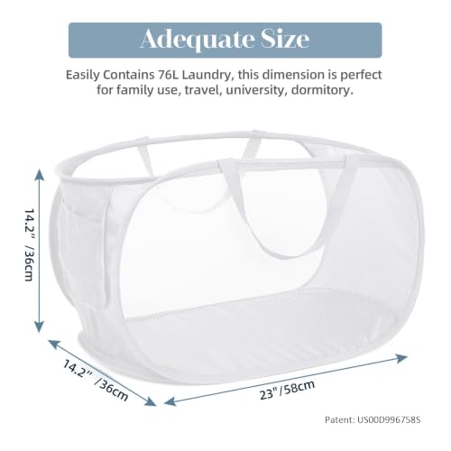 Image of Strong Mesh Pop Up Laundry Basket, Collapsible Laundry Hamper with Side Pocket, Foldable Clothes Pop Up Hamper with Durable Reinforced Handles for Laundry, Bathroom, Kids Room, Dorm or Travel White