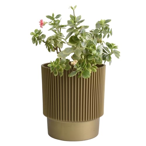B2C Plant Pots Flower Planter 3 Colours 3 sizes Plastic Pot Modern Elegant Textured Modern Home Garden Indoor Outdoor use Convex stripes (Gold, W17cm x H19cm)